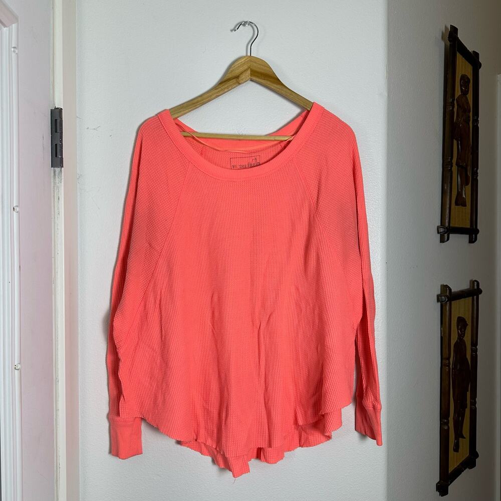 Free People One Of The Guys Waffle Knit Thermal Top Coral Pink Orange Medium M